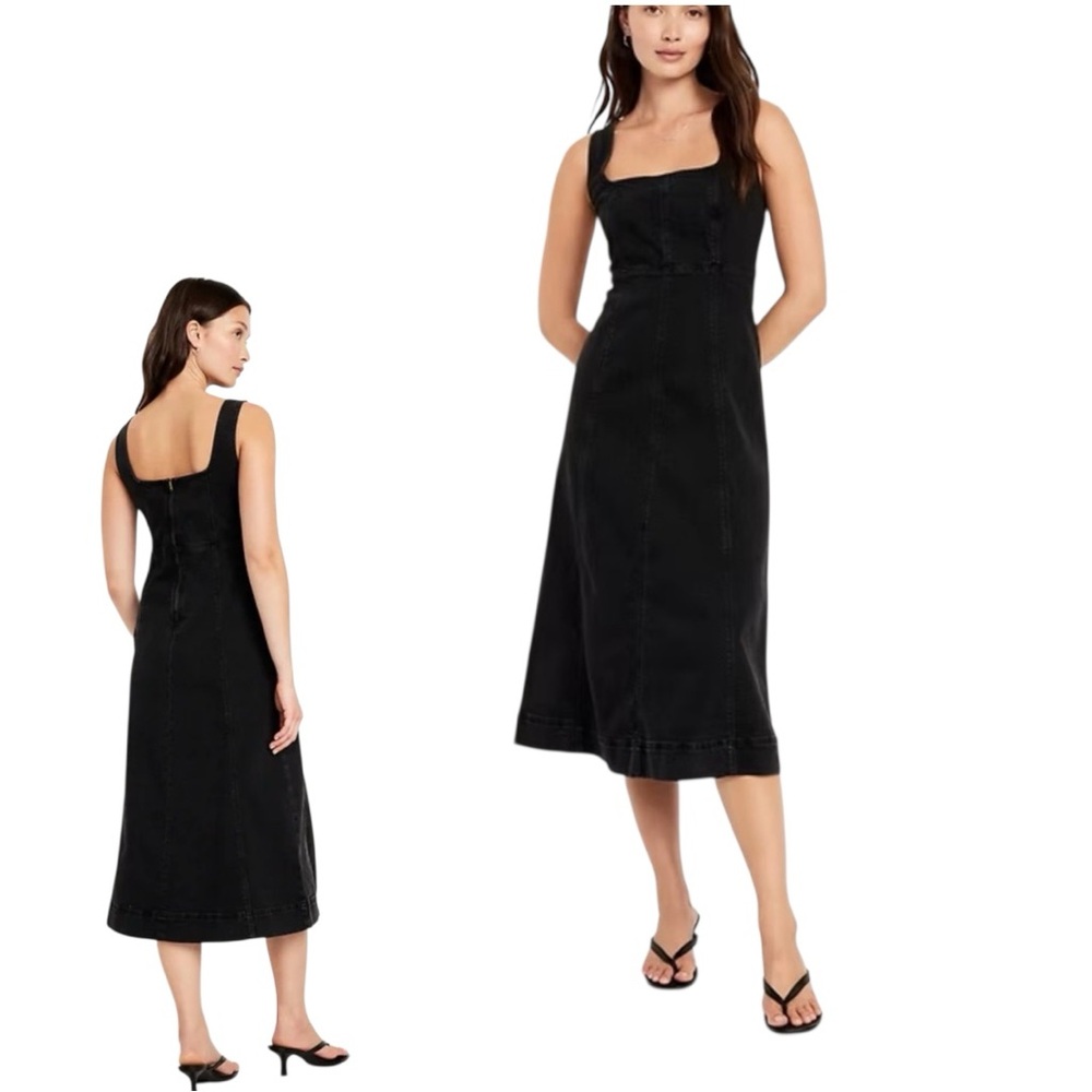 Old Navy Black Denim Midi Dress | Fit & Flare | XS | Classic Closet Staple